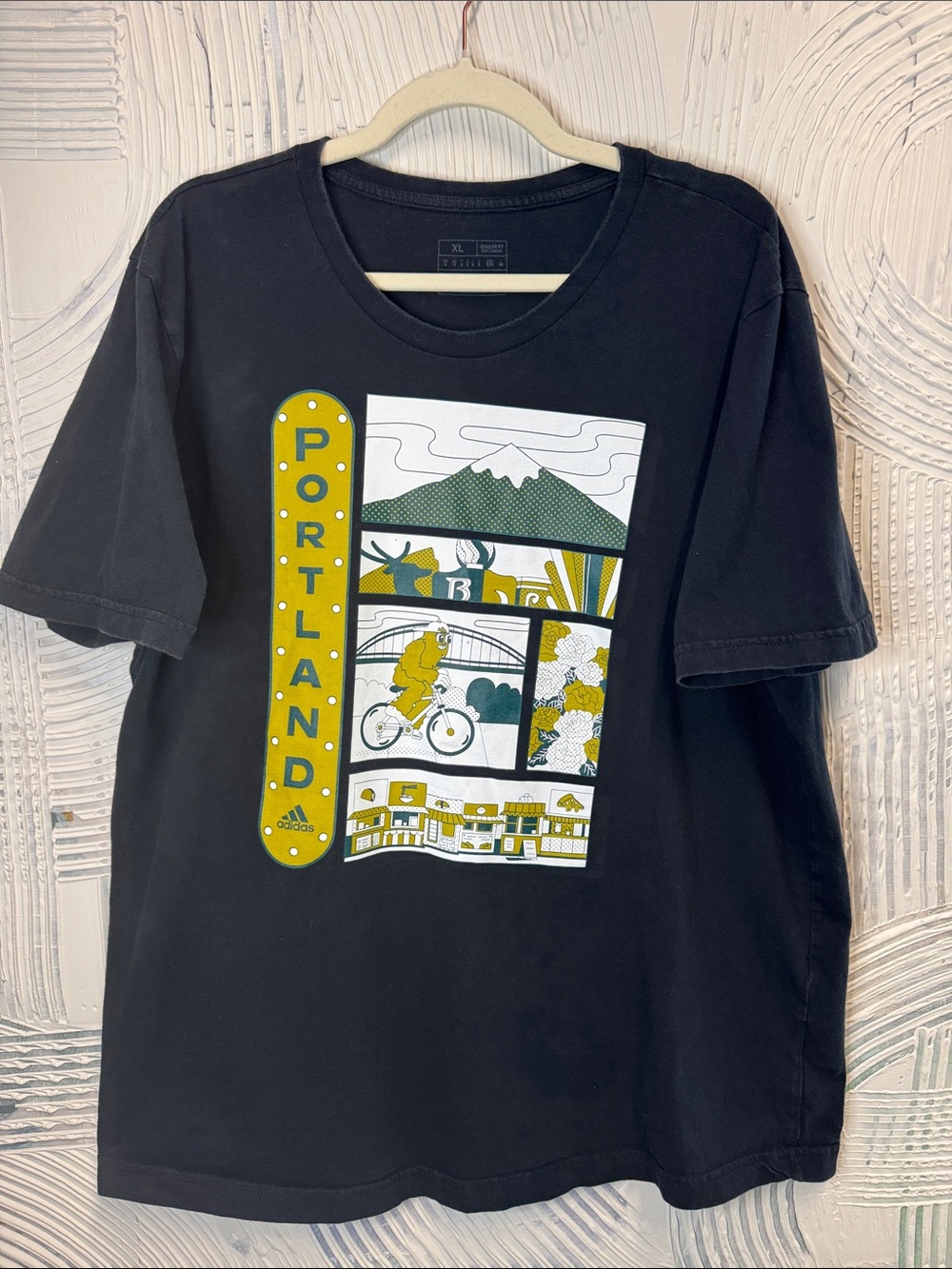 adidas Black Portland Graphic Tee with Yellow and Green Print. 0724